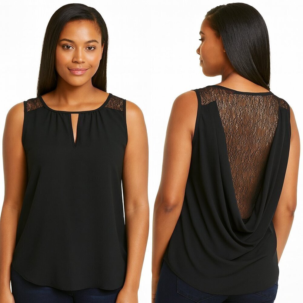 Dex Black Draped Cowl Sheer Lace Design Back Tank Top Size XS